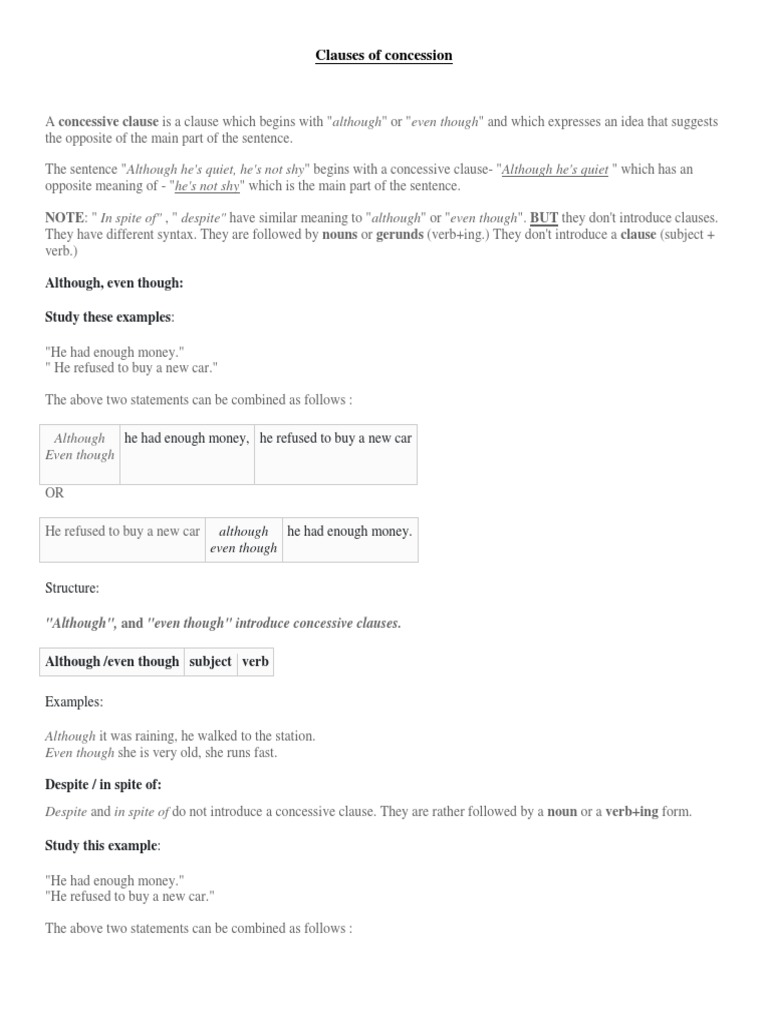 Clauses of Concession PDF Clause Verb