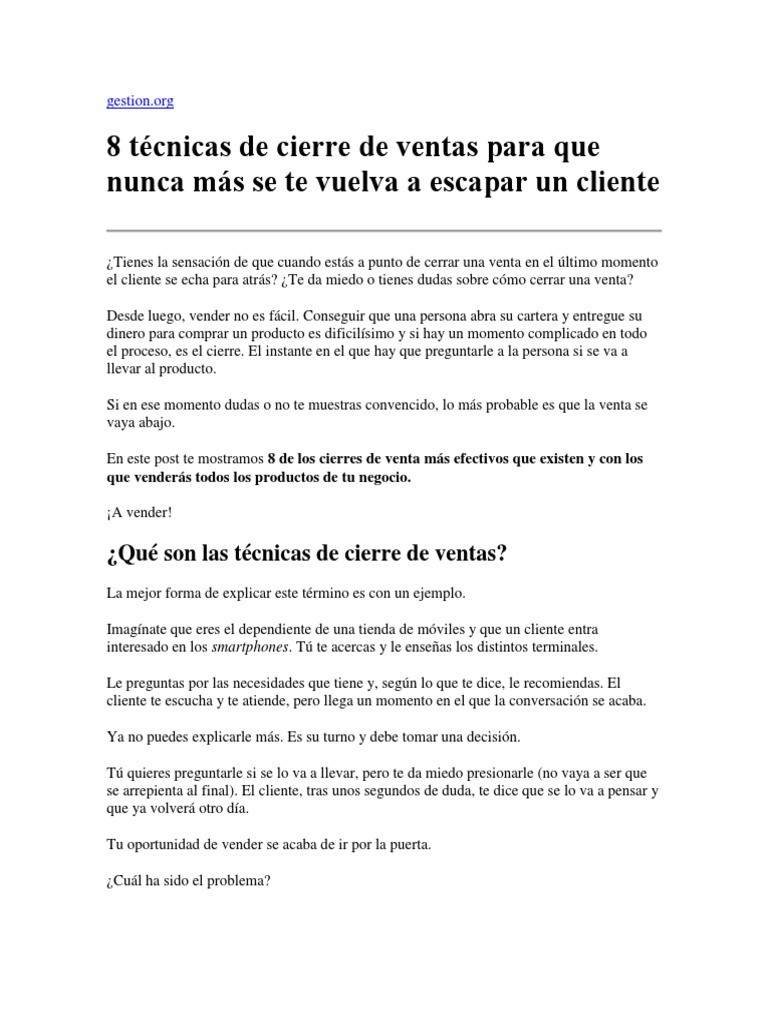 8 Técnicas Efectivas de Cierre de Ventas | PDF | Cliente
