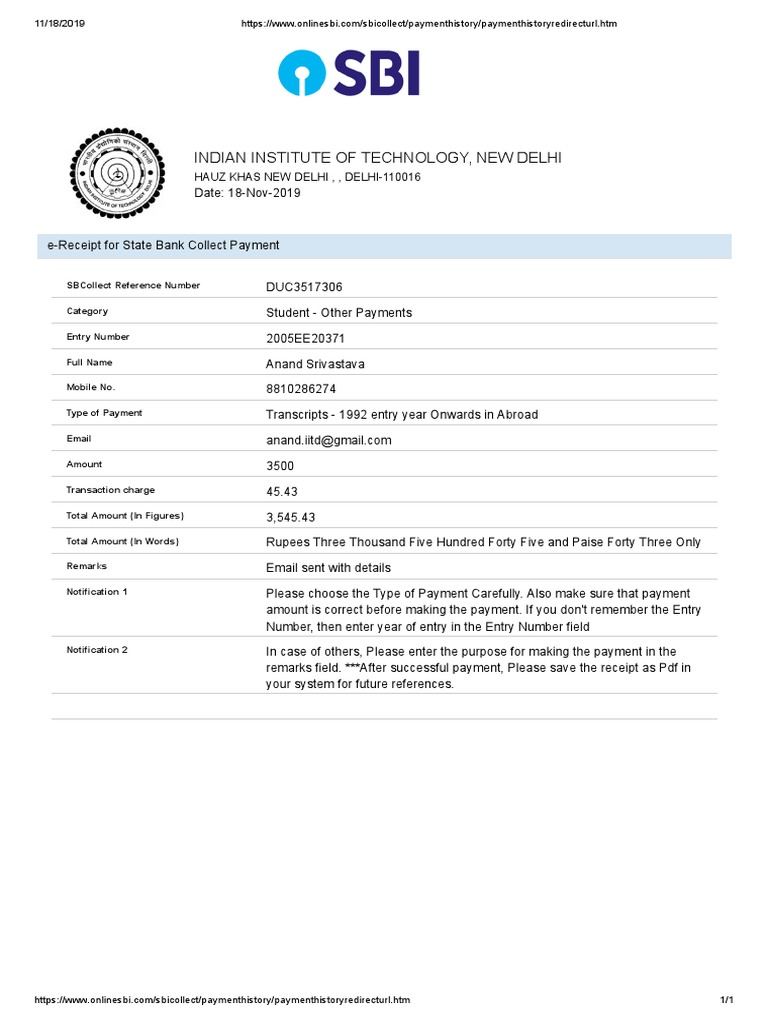 IIT Delhi Transcript Payment Receipt | PDF