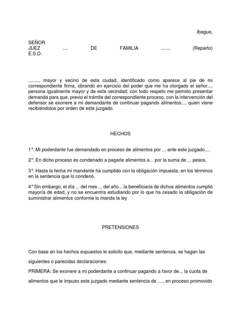 Modelo Demanda de Exoneracion de Cuota Alimentaria Colimbia  Pensión