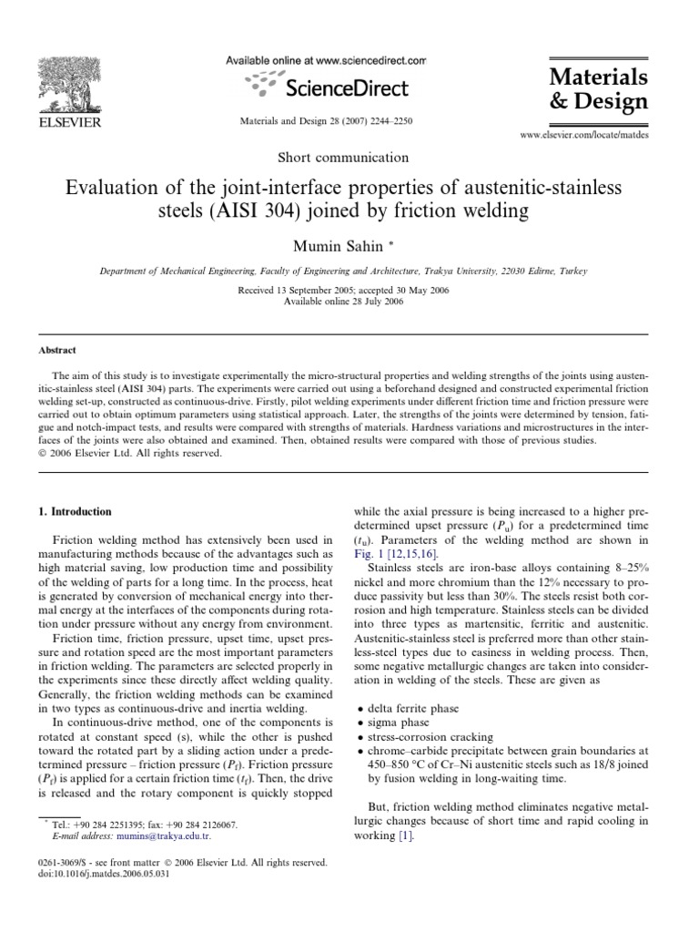 Friction Welding of AISI 304 Steel | PDF | Fatigue (Material) | Welding