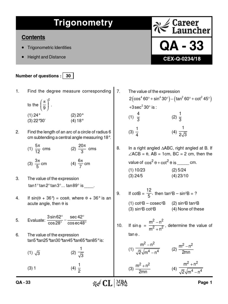 Trigonometric Identities and Problems | PDF | Trigonometry | Angle