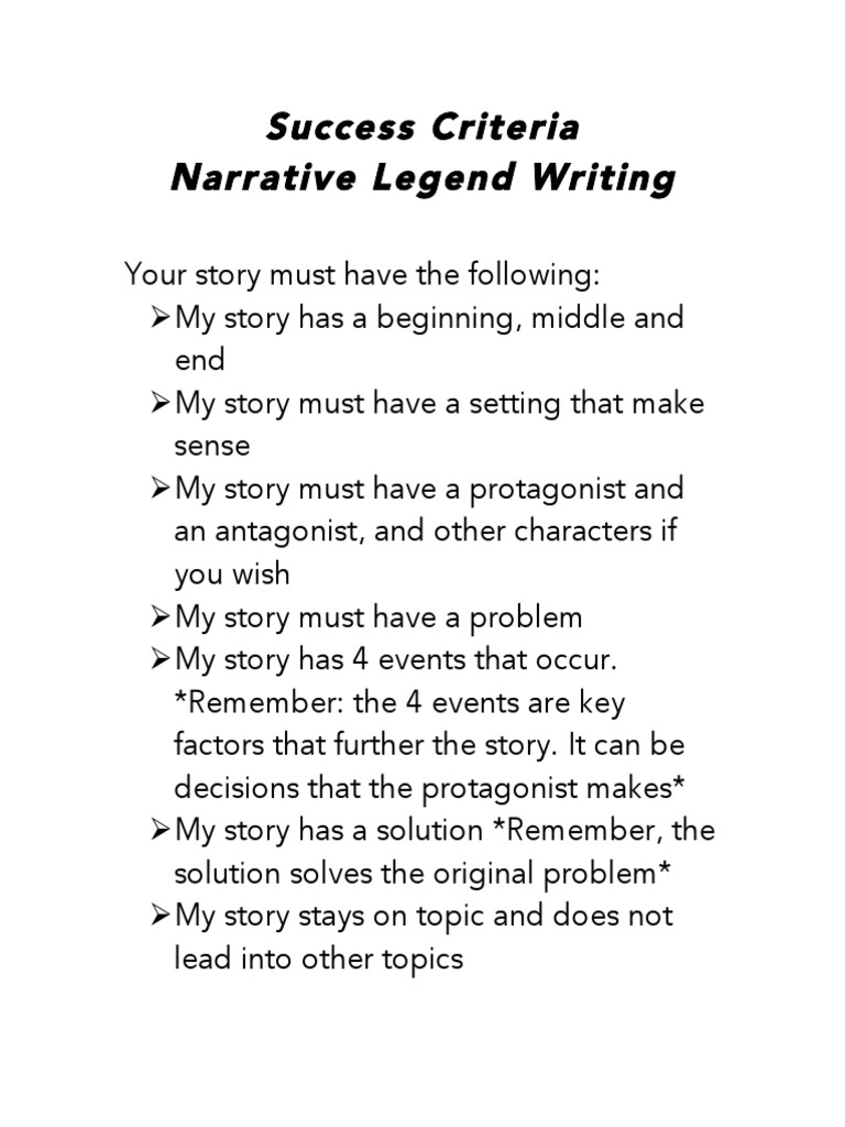 Success Criteria - Narrative Legend Writing  PDF
