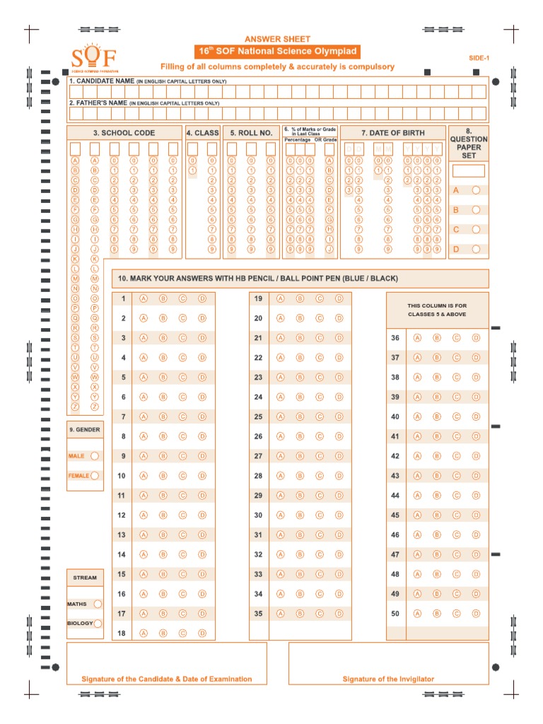 16th SOF Olympiad OMR Sheet Format | PDF