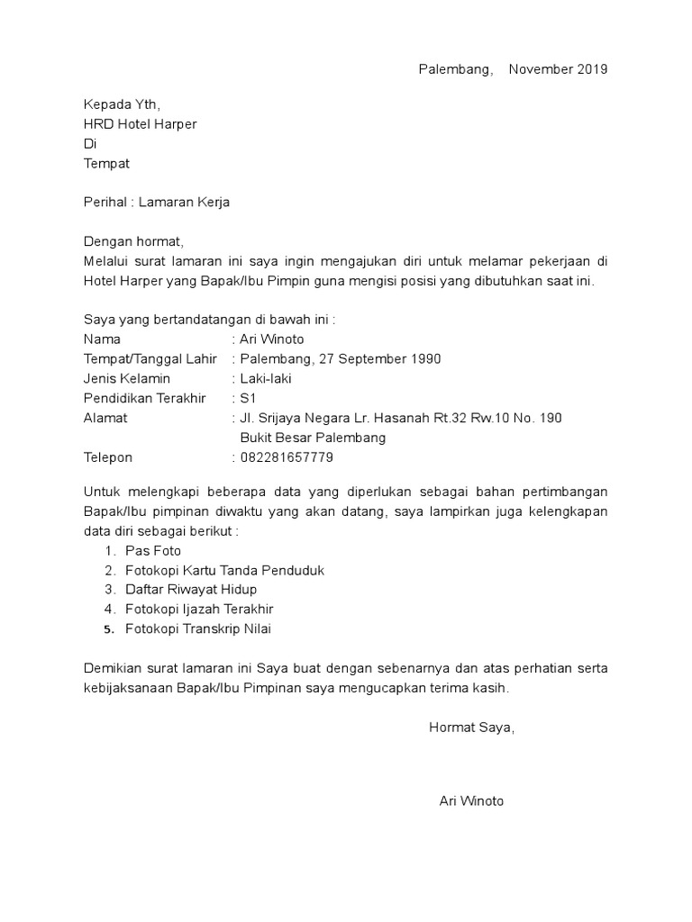 Download 70+ Contoh Surat Surat Lamaran Kerja Hotel Gratis Terbaru