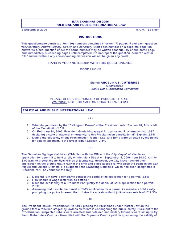 Political Law Bar Exam Questions (Philippines) PDF Virtue