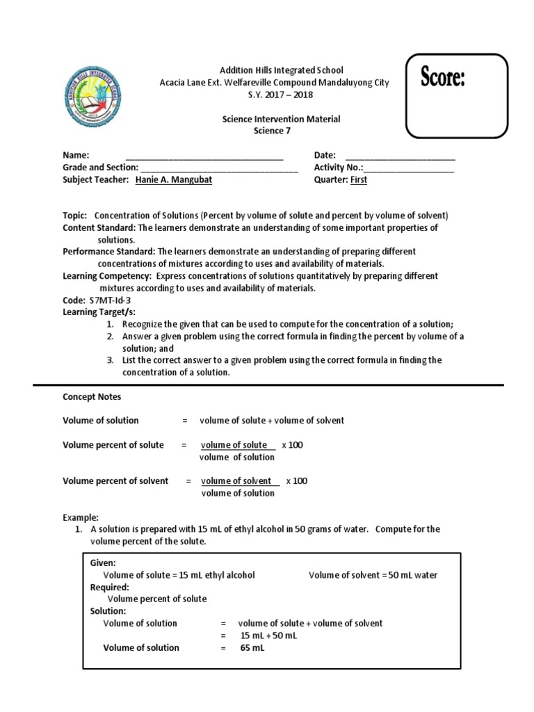 Chemistry Calculation Pdf Solution Concentration