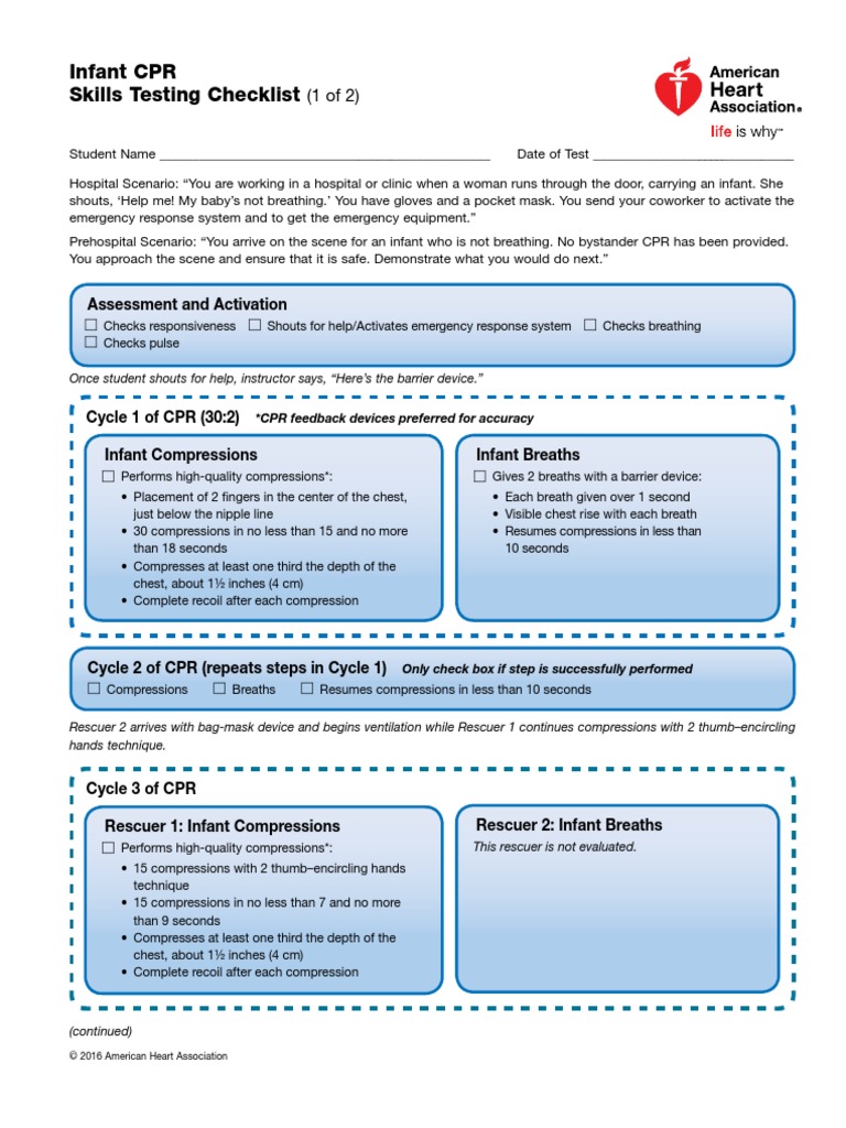 BLS Course Infant CPR Skills Testing Checklist | PDF | Cardiopulmonary ...