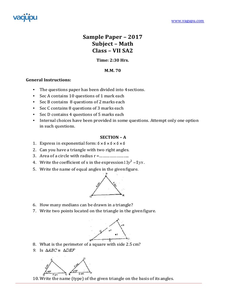 CBSE 2017 Class 7 Math SA2 Sample Paper | PDF | Area | Triangle