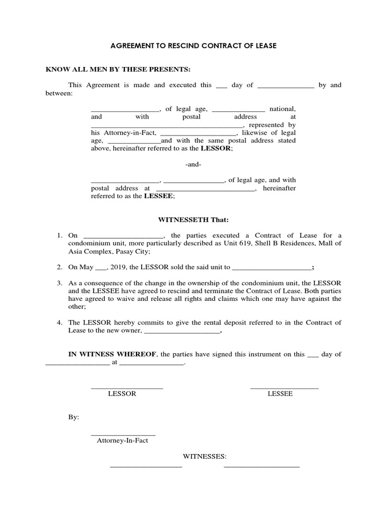 Rescission Agreement for Lease Contract | PDF | Lease | Business Law