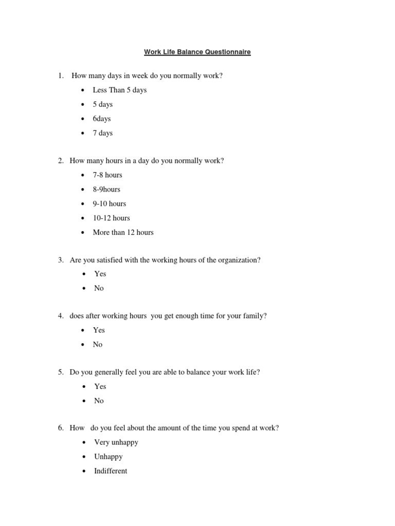 Work Life Balance Questionnaire PDF