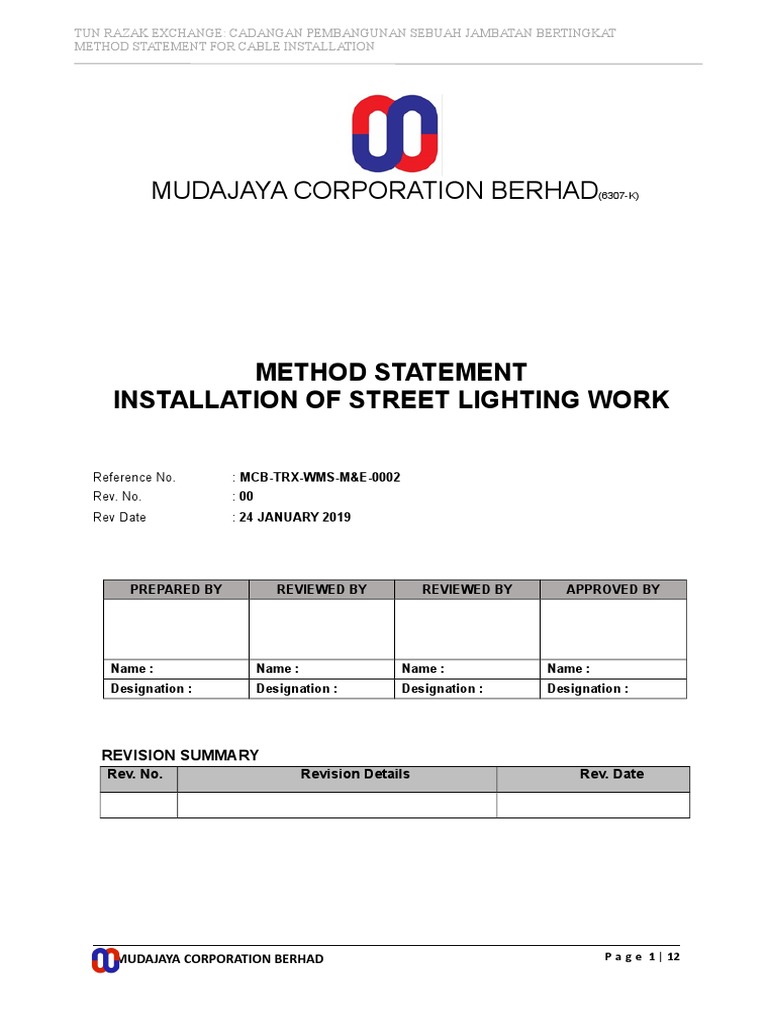 Method Statement Street Lighting Installation PDF Traffic Road