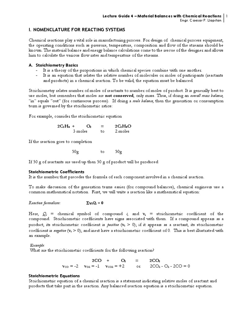 Material Balances With Reactions PDF Stoichiometry Reaction Rate