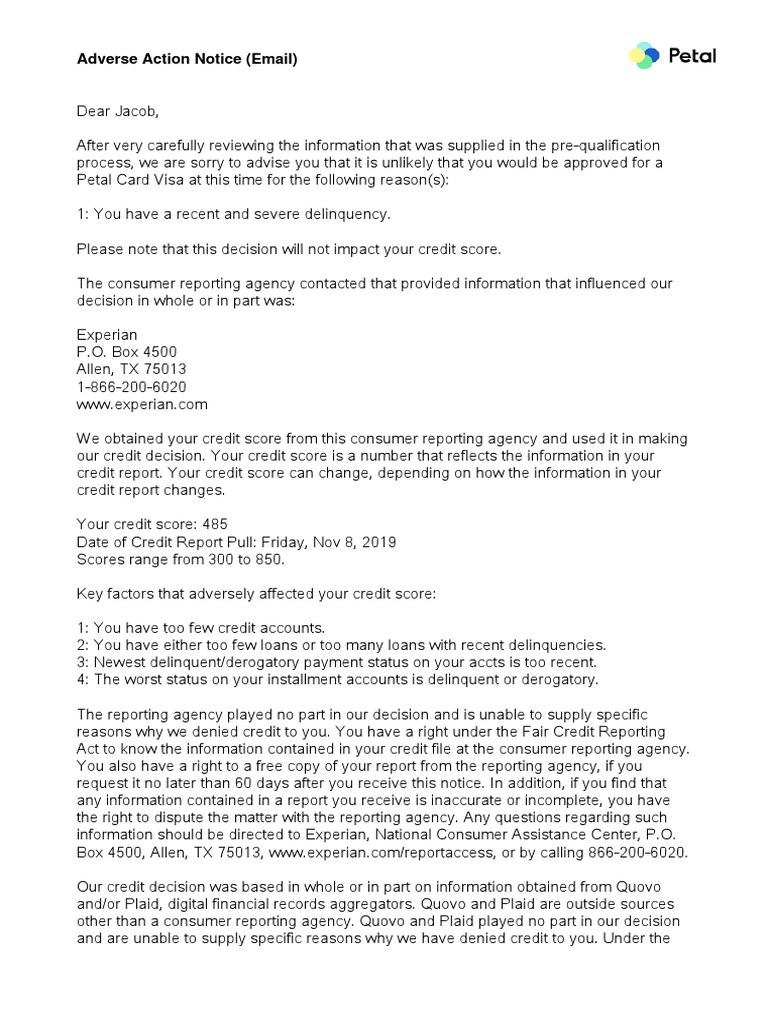 Adverse Action Notice PDF Credit Score Credit History
