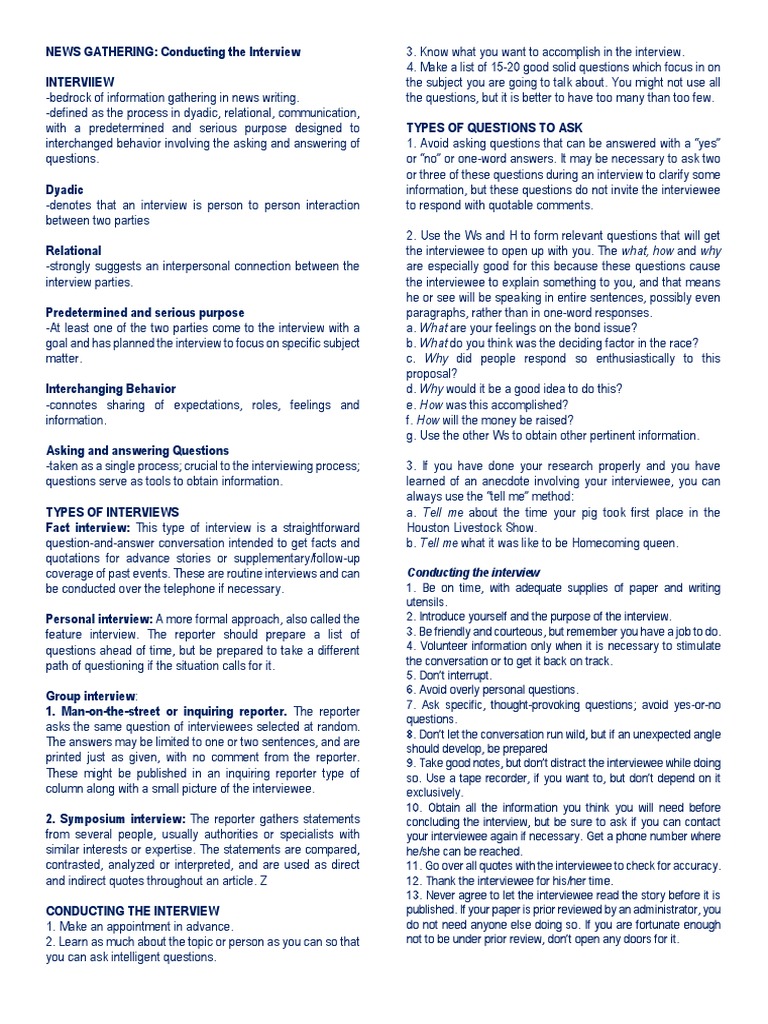 Conducting The Interview Journalism Pdf Interview Question