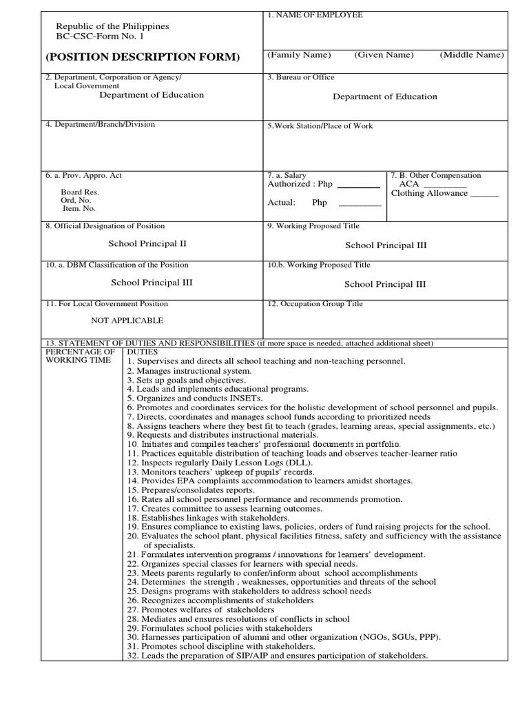 Position Description Form PDF PDF Special Education Behavior