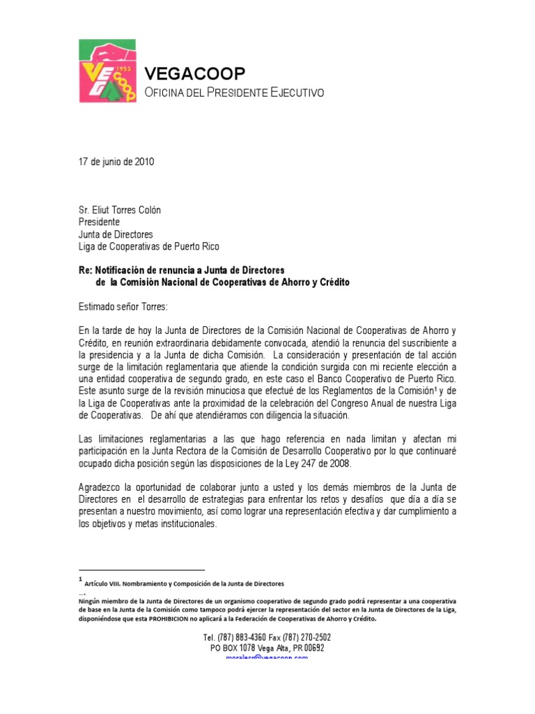 Carta renuncia a la Junta de Directores de la Comisiín 