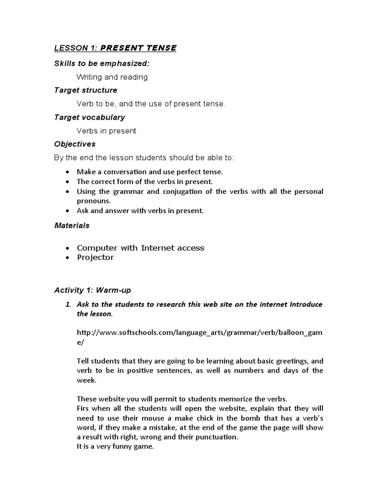 Present Tense Grammar Lesson Plan | PDF