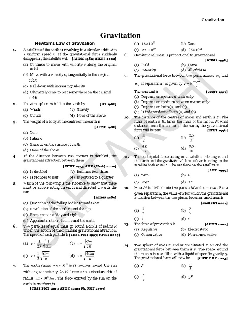 Gravitation MCQs for Class 9 and 11 | PDF | Gravity | Orbit