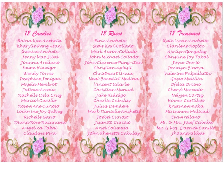 18 Treasures, Candles, and Roses List | PDF