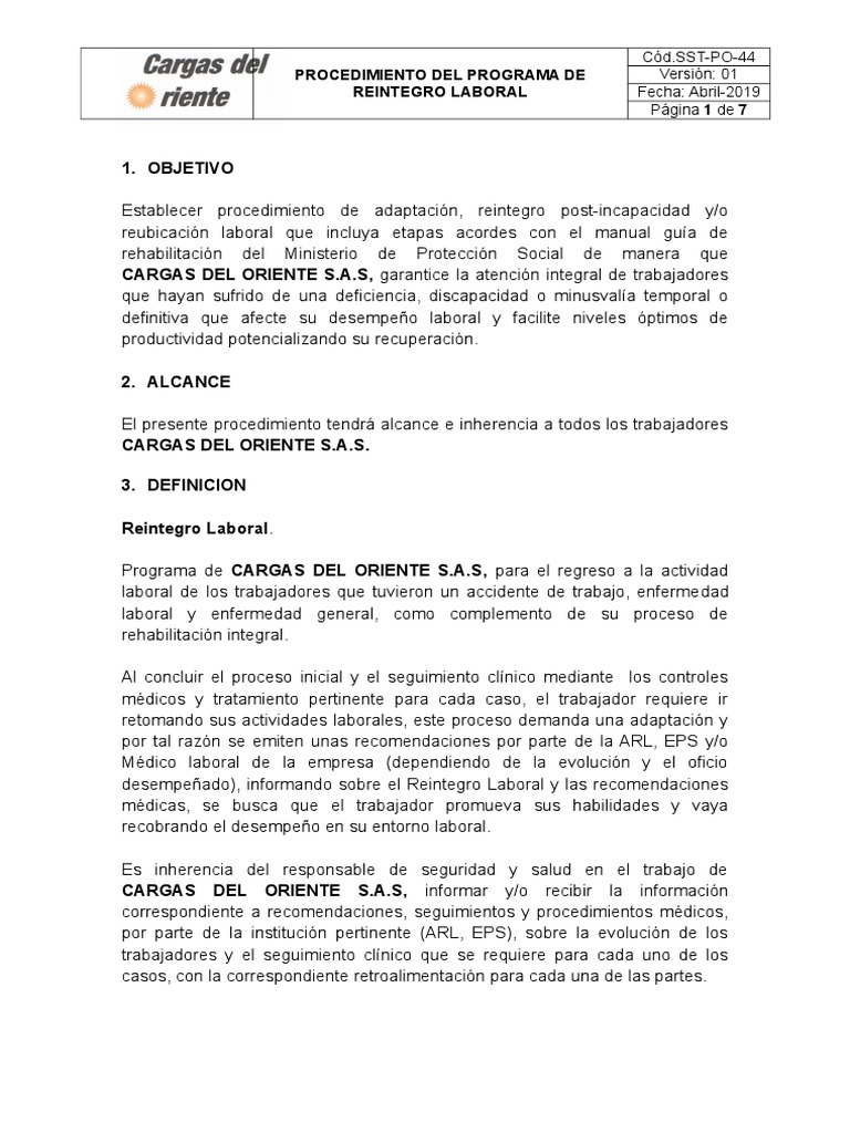 Procedimiento de Reintegro Laboral 2022 | PDF | Invalidez | Medicina ...