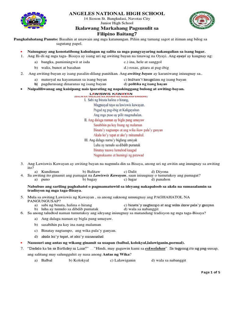 Unang Markahang Pagsusulit Sa FILIPINO 7 | PDF