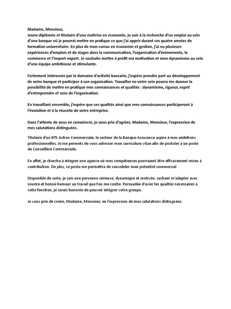 Lettre Motivation Charge de Clientele | PDF | Banques | Économie
