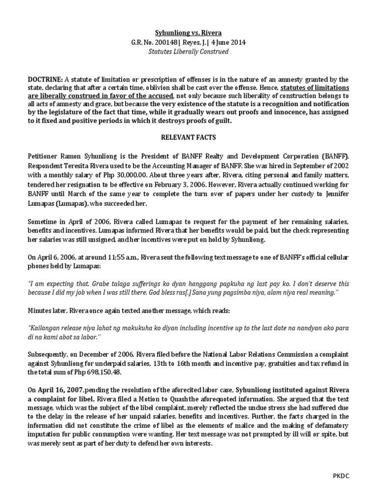 Syhunliong Vs Rivera PDF Defamation Statute Of Limitations