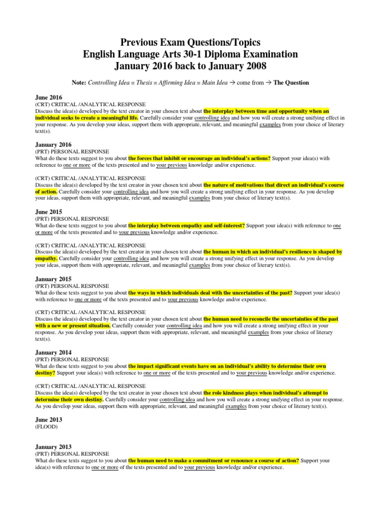 English 30-1 Diploma Exam Topics | PDF | Essays | Experience