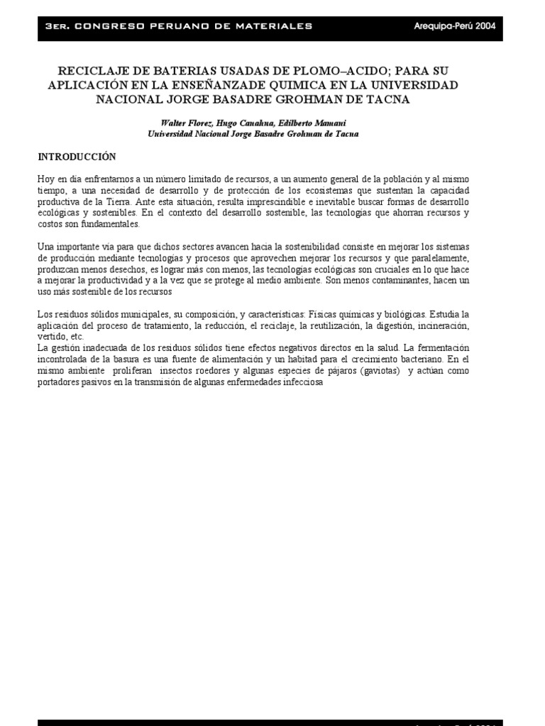 Reciclaje de Baterias Usadas de Plomo Acido | PDF | Batería recargable ...