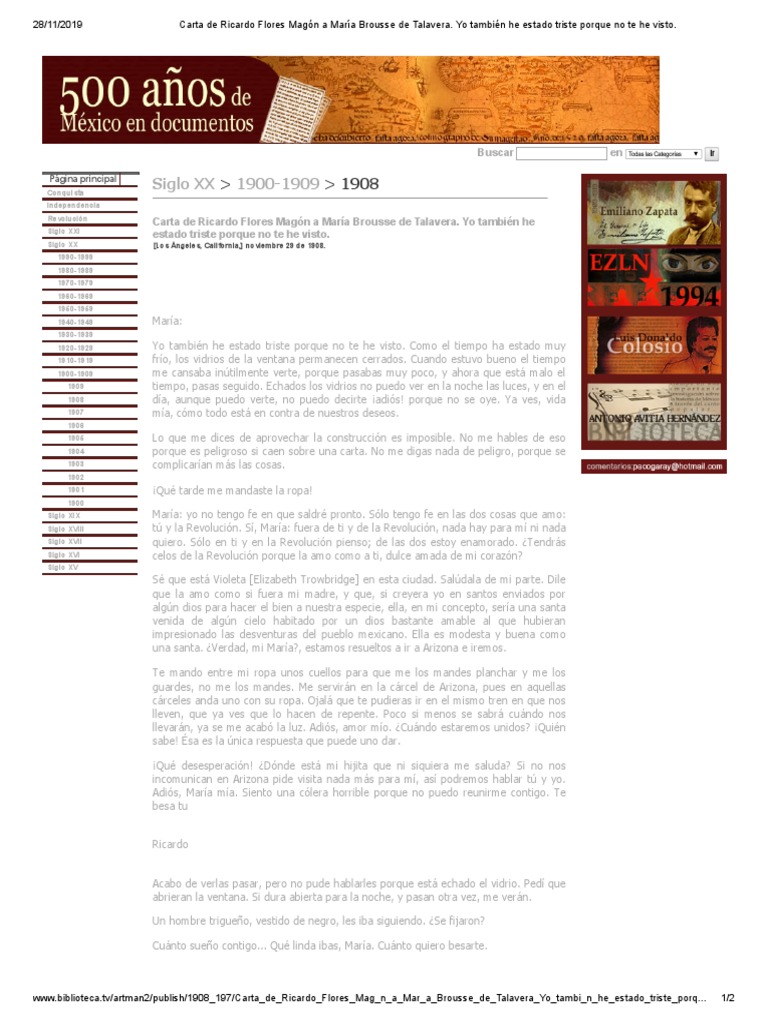 Carta De Ricardo Flores Magón A María Brousse De Talavera Yo También