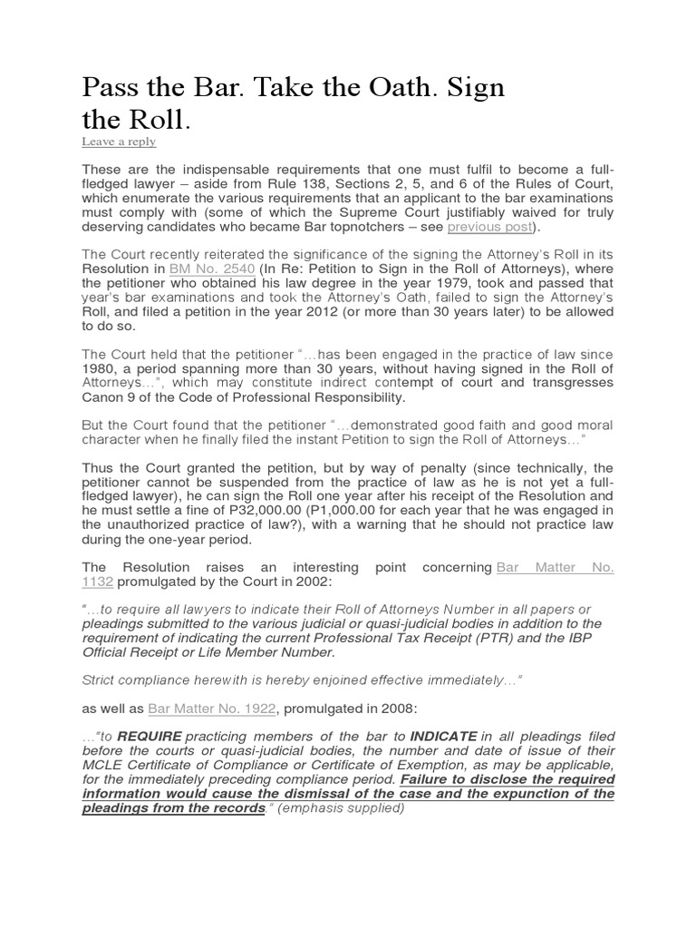 4 Pass The Bar. Take The Oath. Sign The Roll. PDF Lawyer Practice