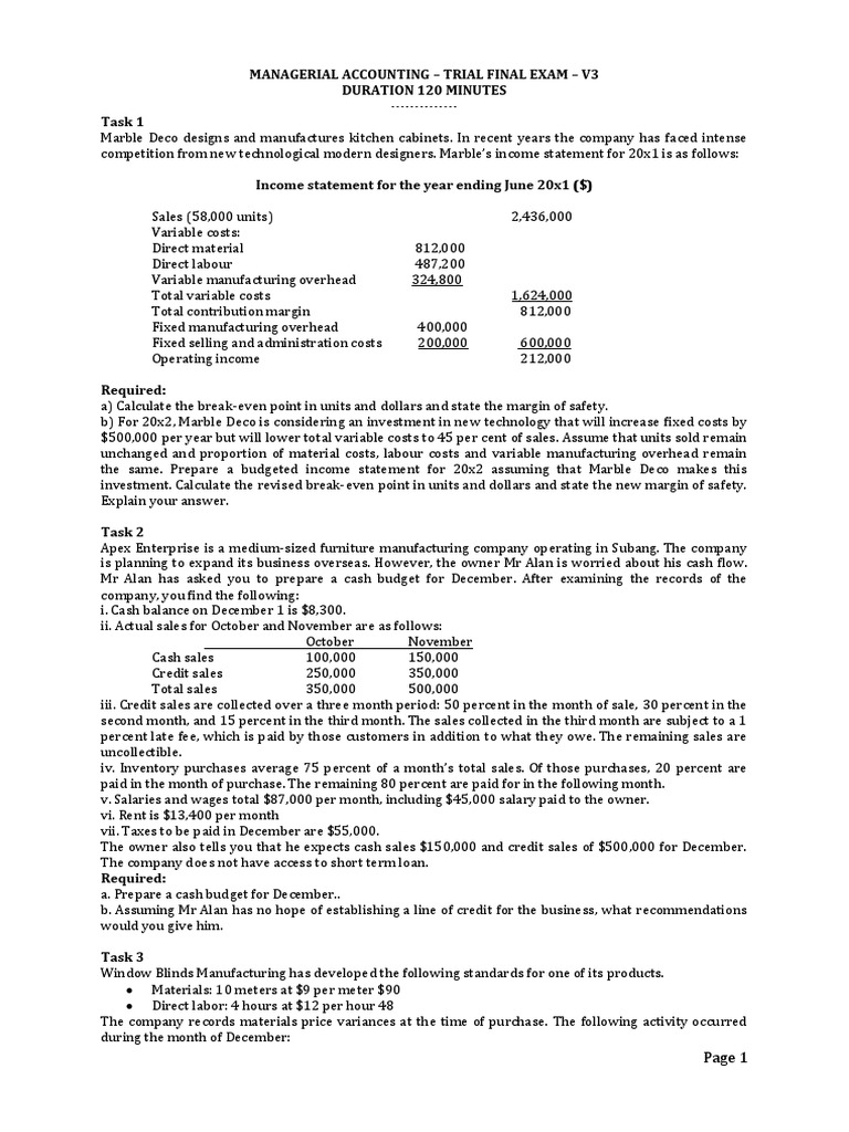Managerial Accounting Final Exam Guide | PDF | Management Accounting ...