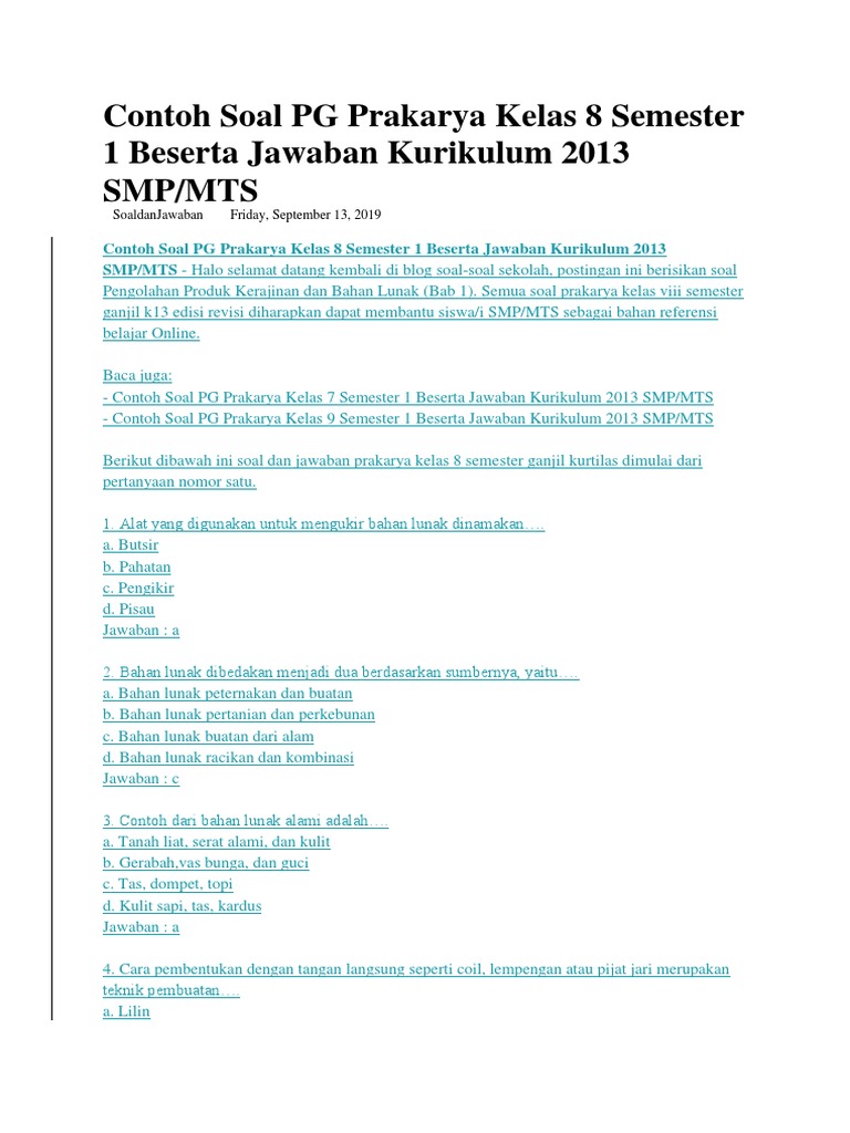 Contoh Soal PG Prakarya Kelas 8 Semester 1 Beserta Jawaban Kurikulum 2013 SMP.docx