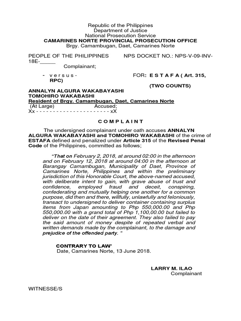 Estafa Complaint Cases in Camarines Norte | PDF | Fraud | Criminal Law