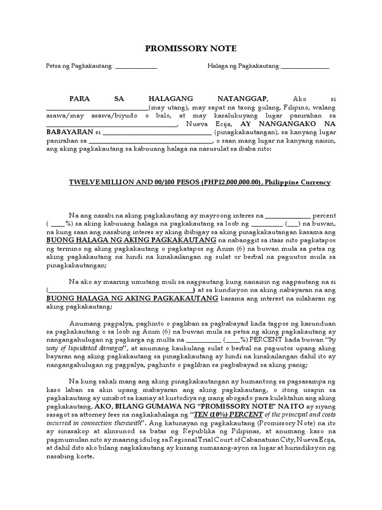 Promissory Note Tagalog Sample Format PDF