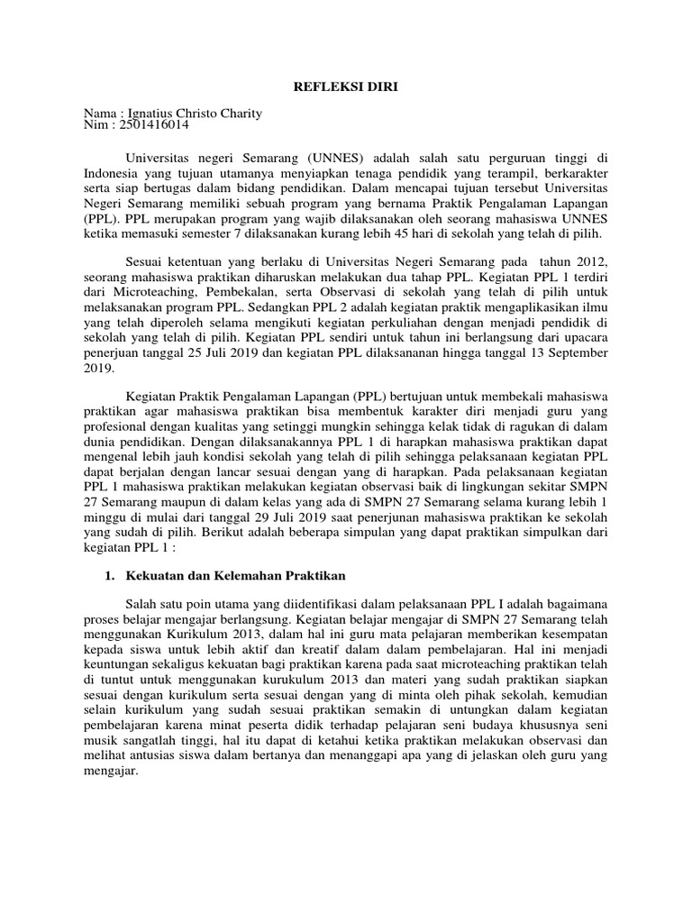 Contoh refleksi diri PPL