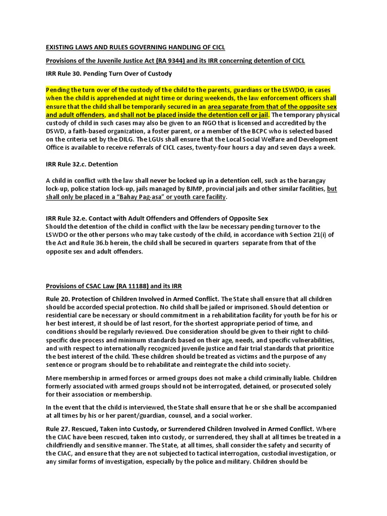 Existing Laws and Rules Governing Handling of Cicl | PDF | Child ...