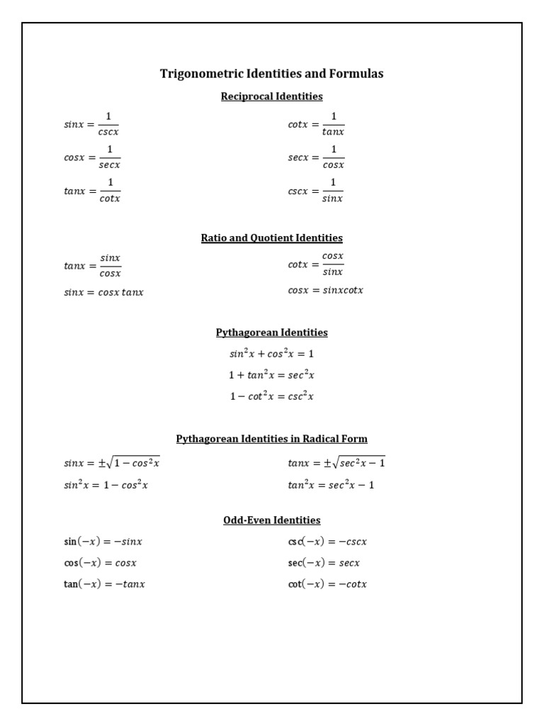 Identities Trigonometric Functions Sine