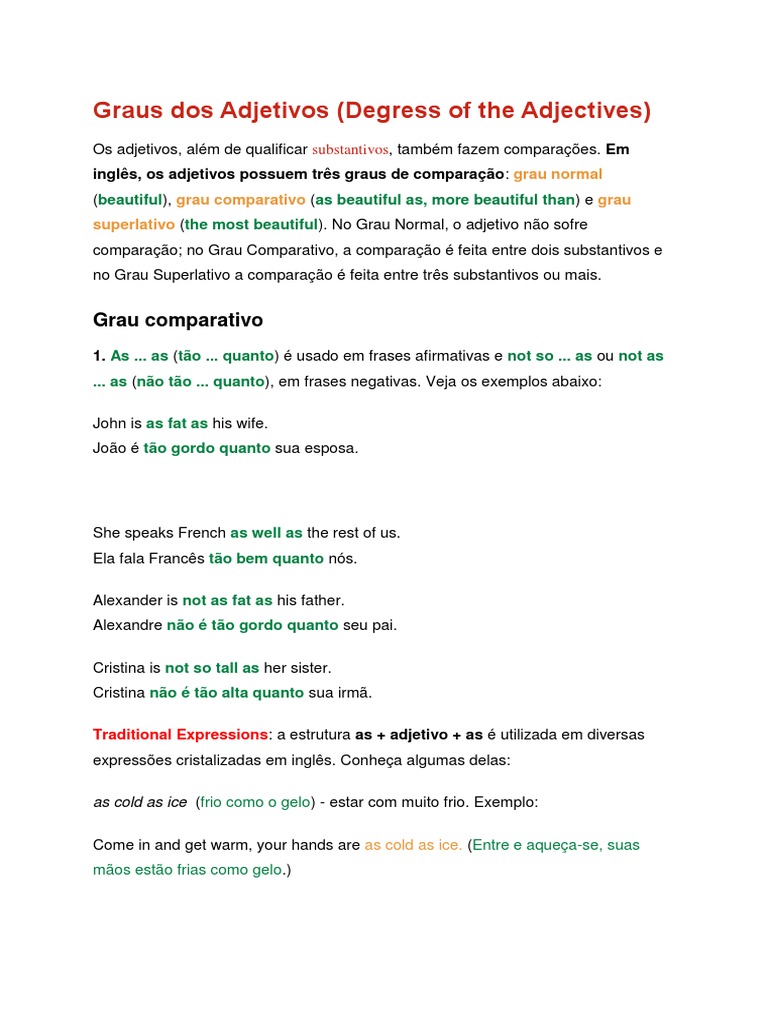 Graus Dos Adjetivos Inglês | PDF | Adjetivo | Relações sintáticas