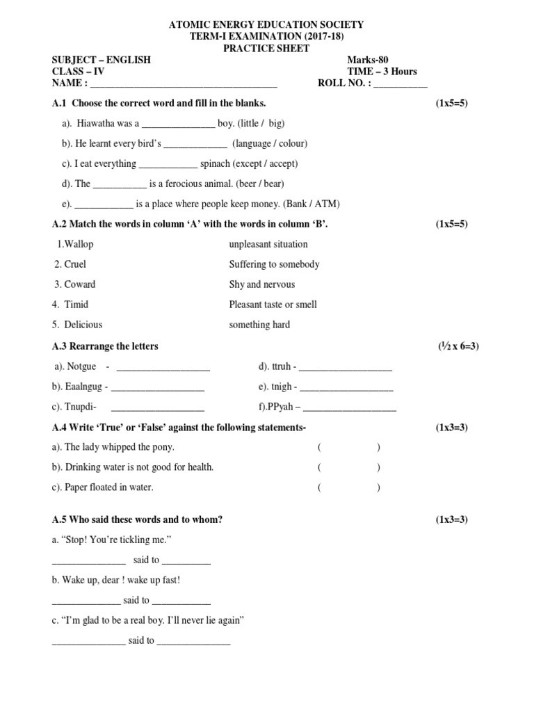 Class 4 English Question Paper Answers | PDF | Breads | Nature