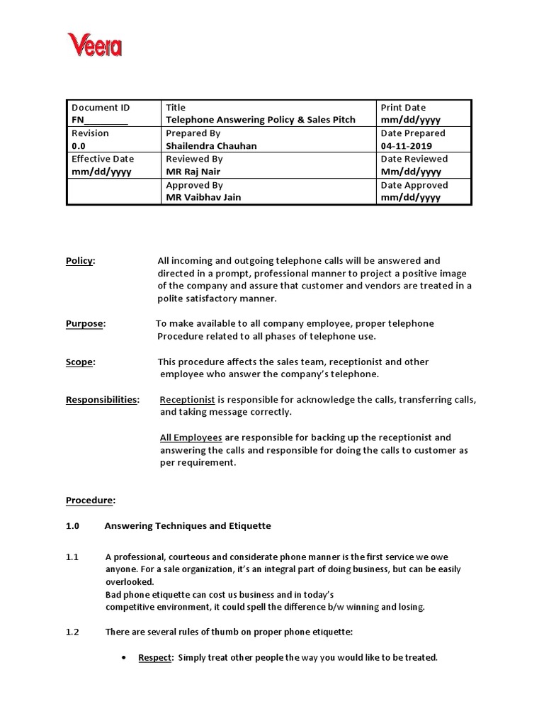 Telephone Answering Policy PDF Telephone Call Voicemail