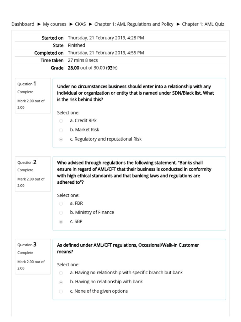 Chapter 1 Aml Quiz Money Laundering Business Law