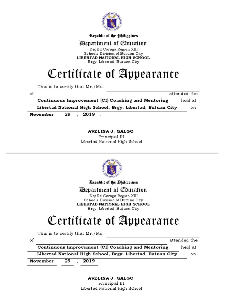 Certificate of appearance template