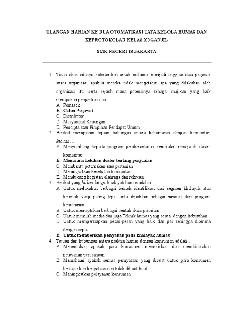 Kunci Jawaban Ulangan Harian Ke Dua Otomatisasi Tata Kelola Humas Dan Keprotokolan Kelas Xi Pdf