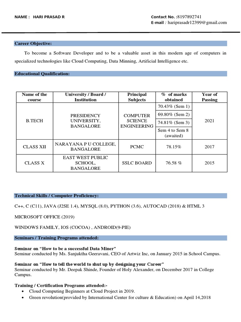 20171CSE0240 HariPrasad Resume | PDF | Software | Computing