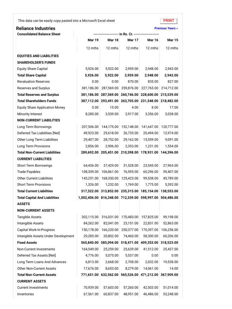 Reliance Balance Sheet Anyalisie | PDF | Equity (Finance) | Money