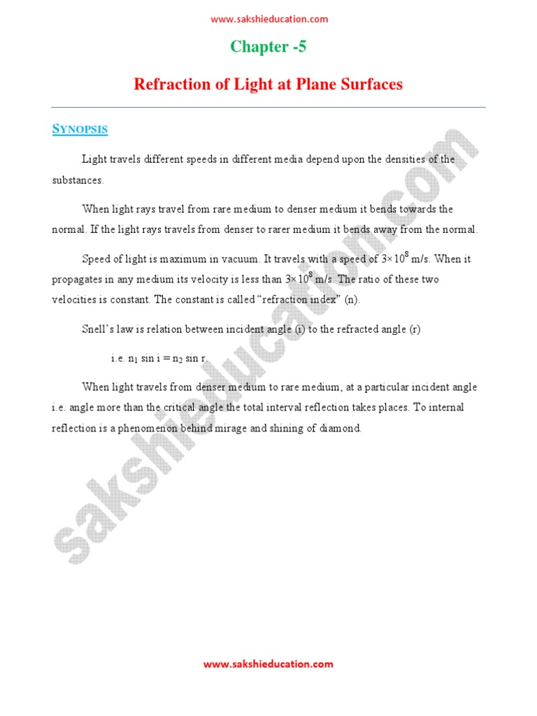 Refraction of Light at Plane Surfaces | PDF | Refraction | Refractive Index