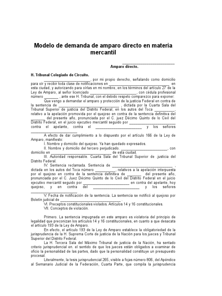 Demanda de Amparo Directo en Materia Mercantil | PDF | Caso de ley ...
