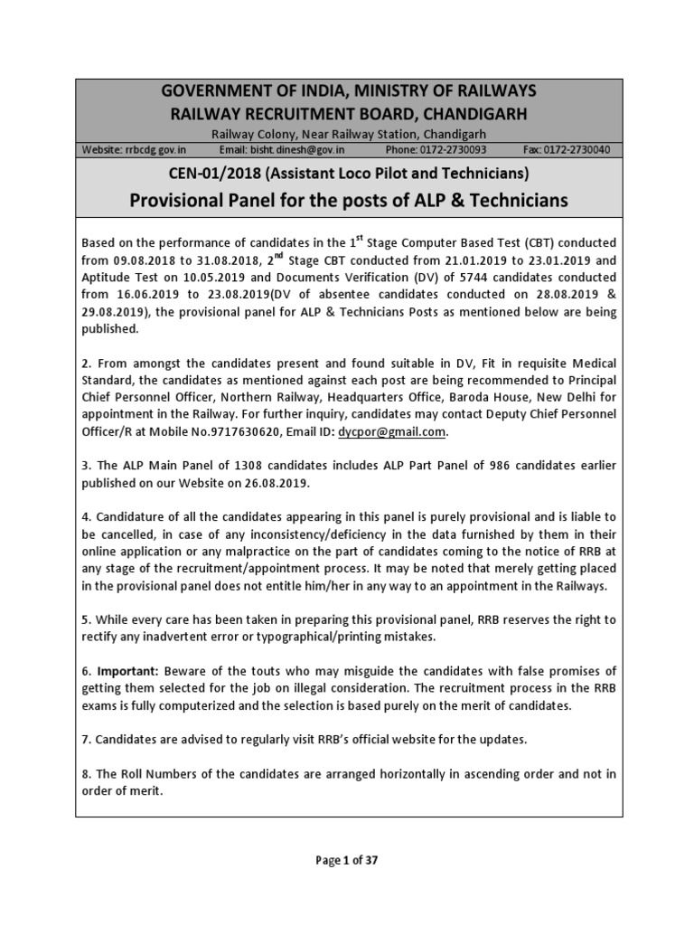 RRB Chandigarh ALP & Technician Panel 2019 | PDF | Business